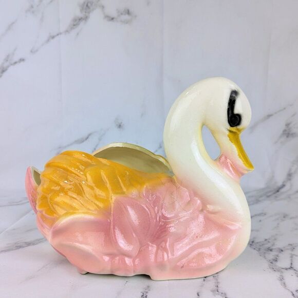 Vintage Swan 12" Ceramic Pottery Planter Decor Pink & Orange Mid-Century Painted - Picture 2 of 7